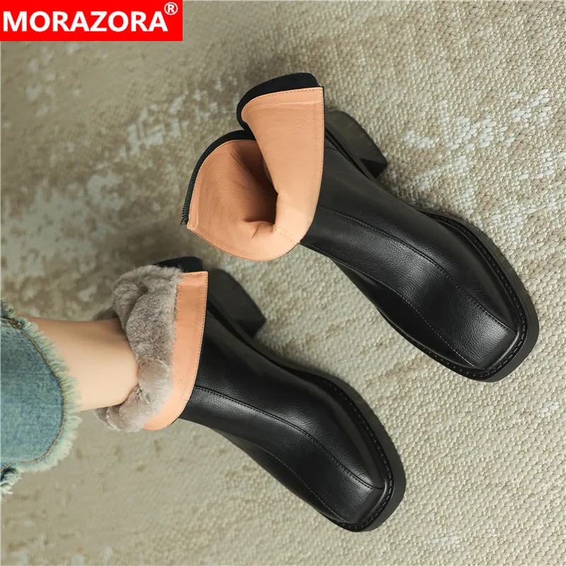 

MORAZORA 2024 New Genuine Leather Boots Women Square Toe Nature Wool Warm Winter Boots Fashion Back Zipper Ankle Boots For Women