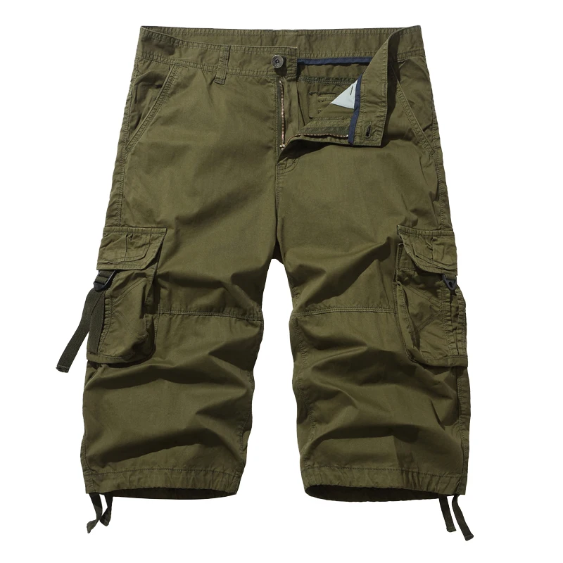 New Loose Large Size Cargo Shorts Cotton Men\'s Tactical Casual Shorts Solid Color Patchwork Military Shorts White Knee Length