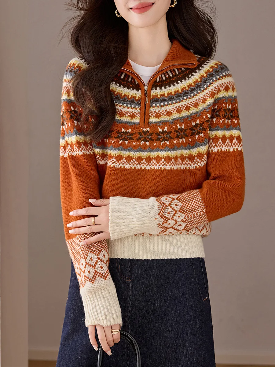 Birdtree ، سترة محبوكة من صوف الأغنام 100% ، سترة نسائية من قماش الجاكار بياقة واقفة وسحاب تريكو ، بلوفر كاجوال لخريف وشتاء 2025 T5N517JF