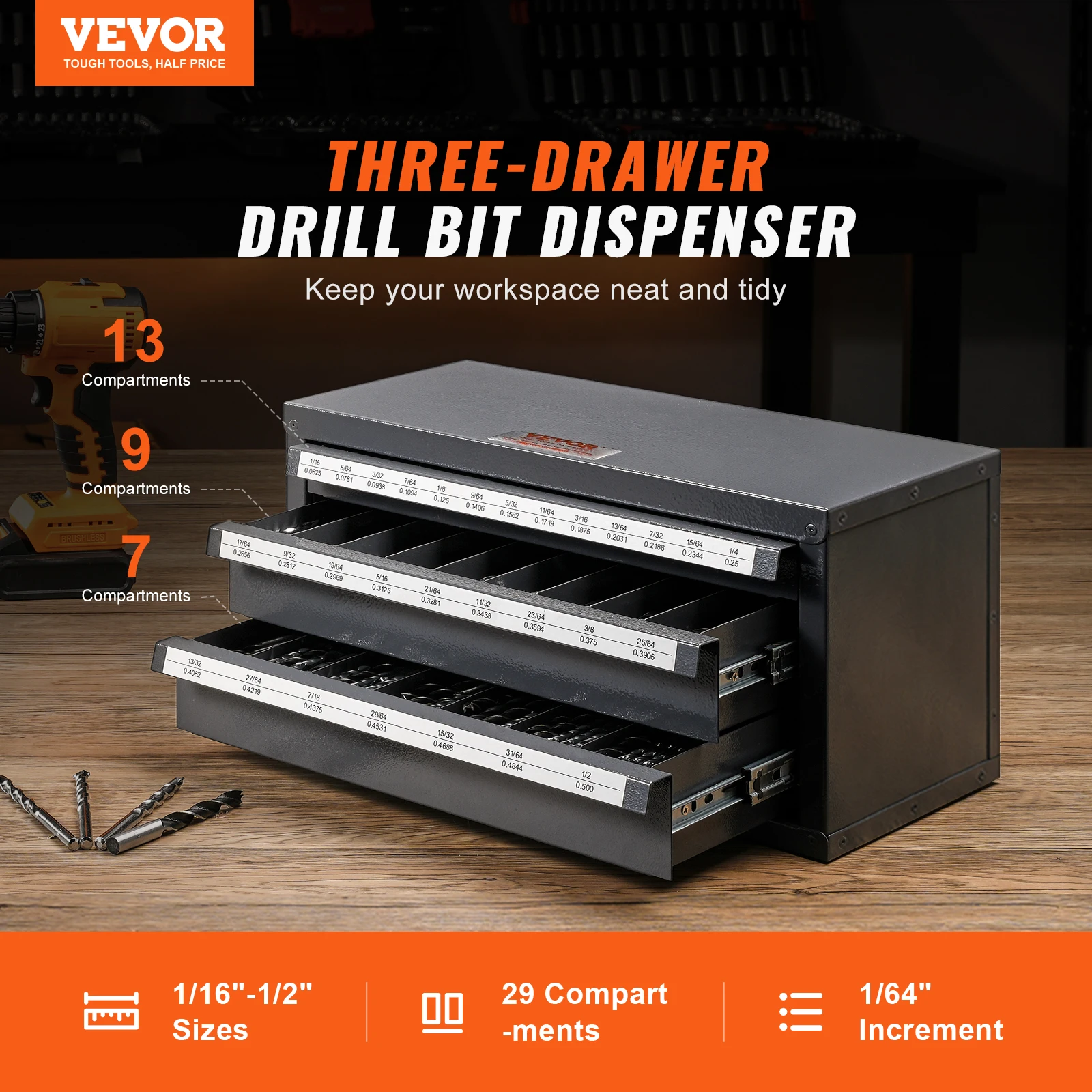 VEVOR Drill Bit Dispenser Cabinet Three-Drawer Drill Bit Organizer Cabinet Steel Drill Dispenser Organizer Cabinet