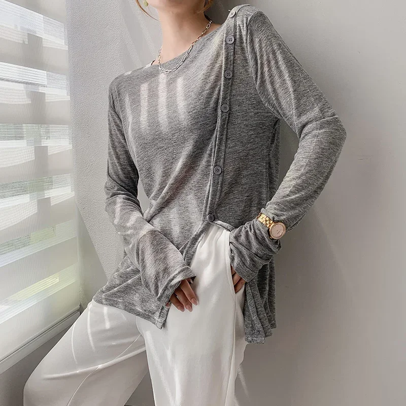 Women Fashion Single Breasted Long Sleeve Slim T-shirts New Summer Casual Sunscreen T-shirt Ladies Chic Irregular Slit Tops Pop