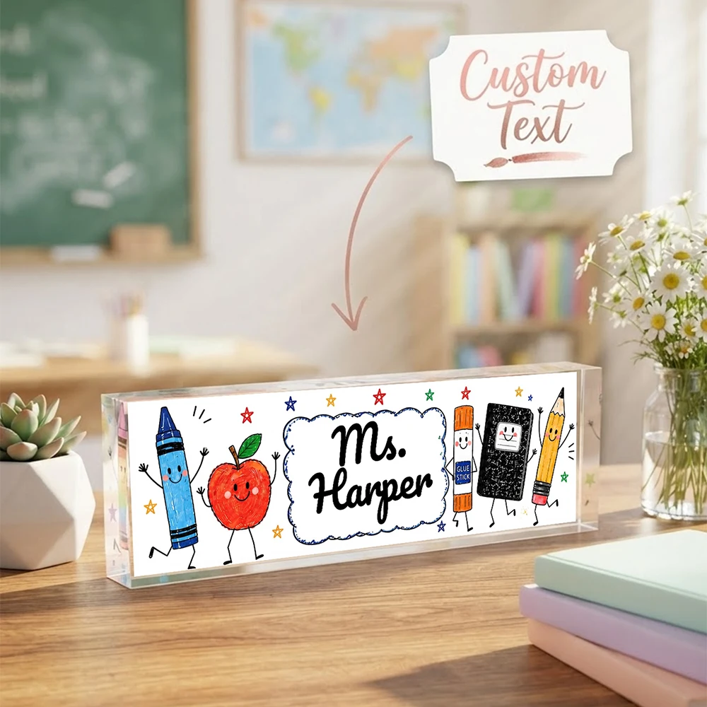 Custom Text Acrylic Desk Name Plate,Cartoon Apple Stationery Teacher Decor,Personalized Desk Sign Gift,Teacher Appreciation Gift