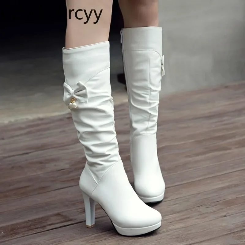 winter The New fashion Round head Thick bottom Thick heel Women\'s boots white sweet Bow Keep warm High heel Women boots 34-43