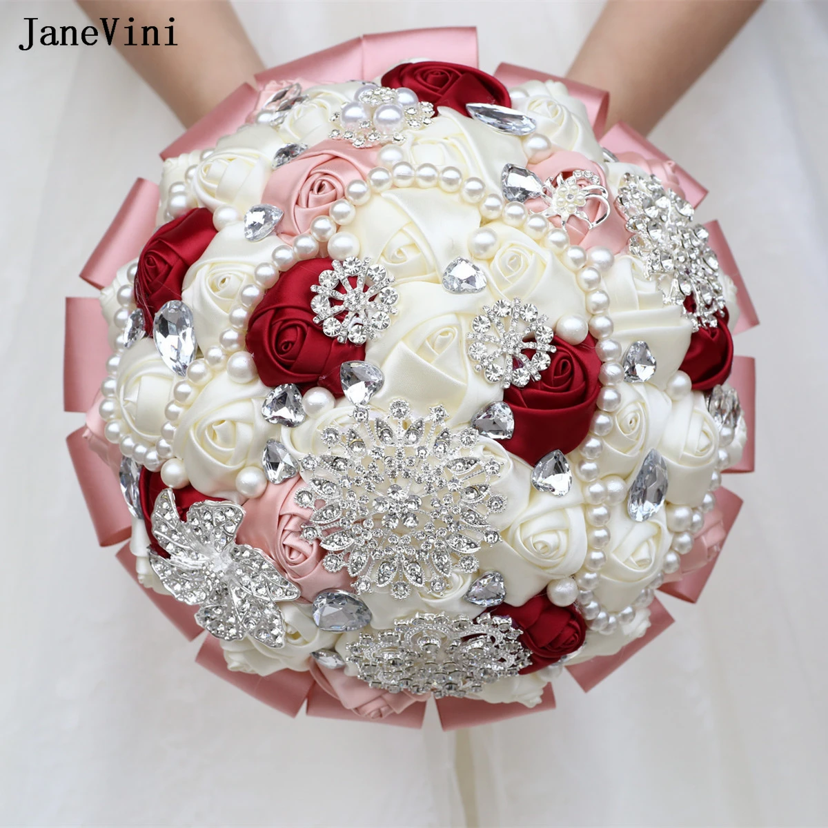 

JaneVini Elegant Dark Red Flowers Bride Wedding Bouquets Artificial Satin Roses Luxury Crystal Pearls Bridal Bouquet for Wedding