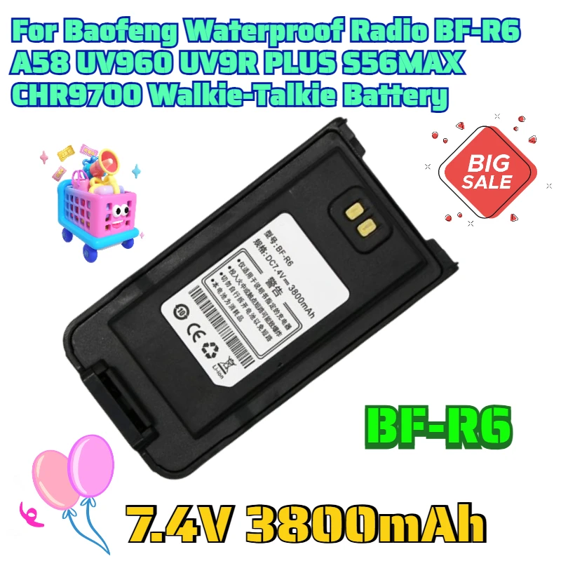 

3800mAh for Baofeng Waterproof Radio BF-R6 A58 UV960 UV9R PLUS S56MAX CHR9700 Walkie-Talkie Battery