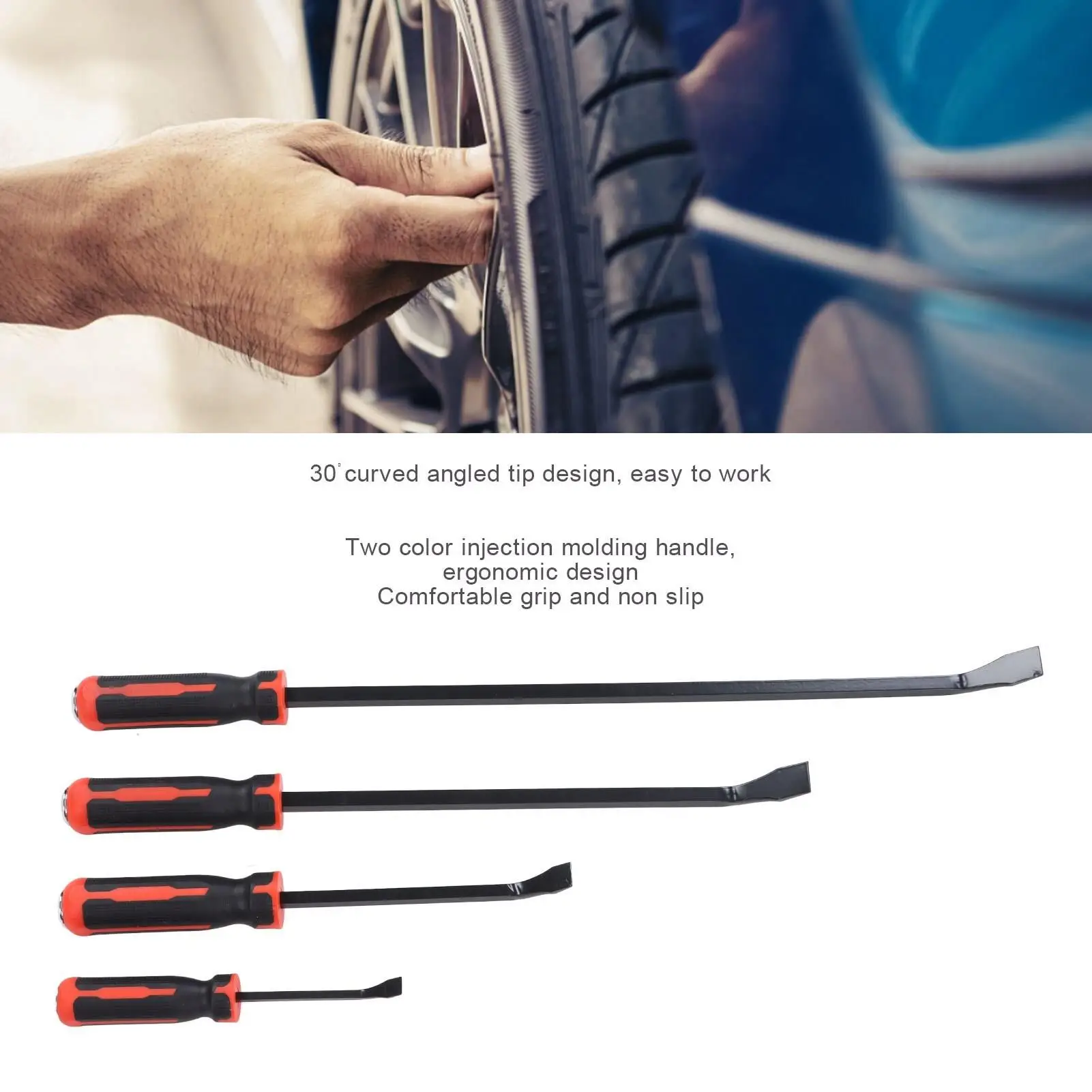 4Pcs Angled Pry Bar Set - 8in, 12in, 18in, 24in - 60HRC Reinforced Curved Tire Repair Tool Kit