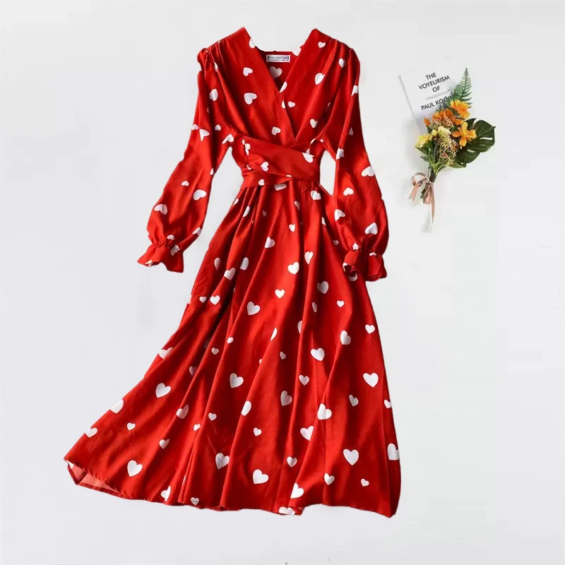 YuooMuoo Chic Mode Hart Print Esthetische Vrouwen Jurk 2026 Nieuwe Collectie Elegante Vintage Sjerp Bandage Lange Feestjurk Vestidos