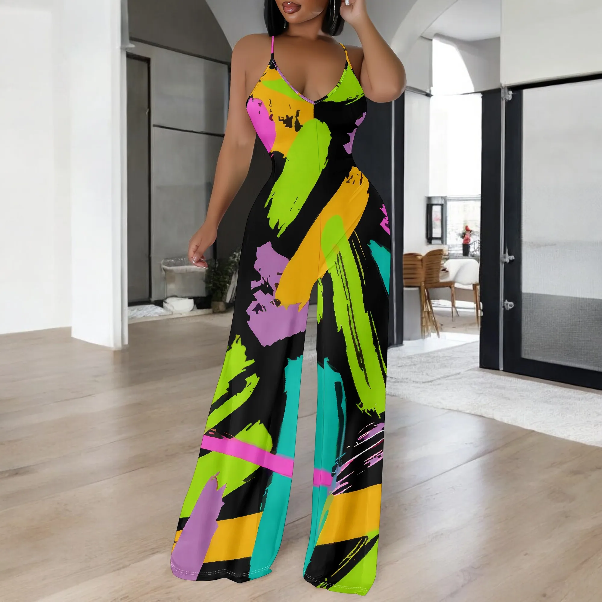 Women's Sexy Off Shoulder Backless Bodycon Crew Neck Spaghetti Strap Fashion  Printed Casual Long Pants Jumpsuit