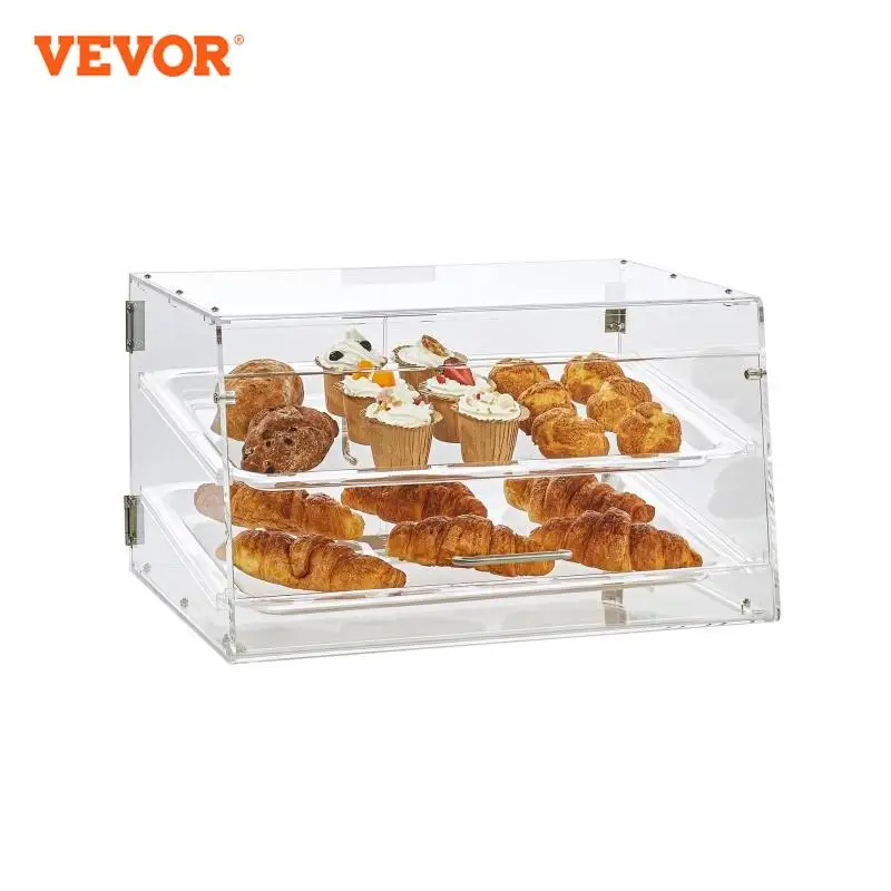 VEVOR 2 Tray Clear Pastry Display Case Acrylic Commercial Countertop Bakery Display Case with Front and Rear Door for Bread