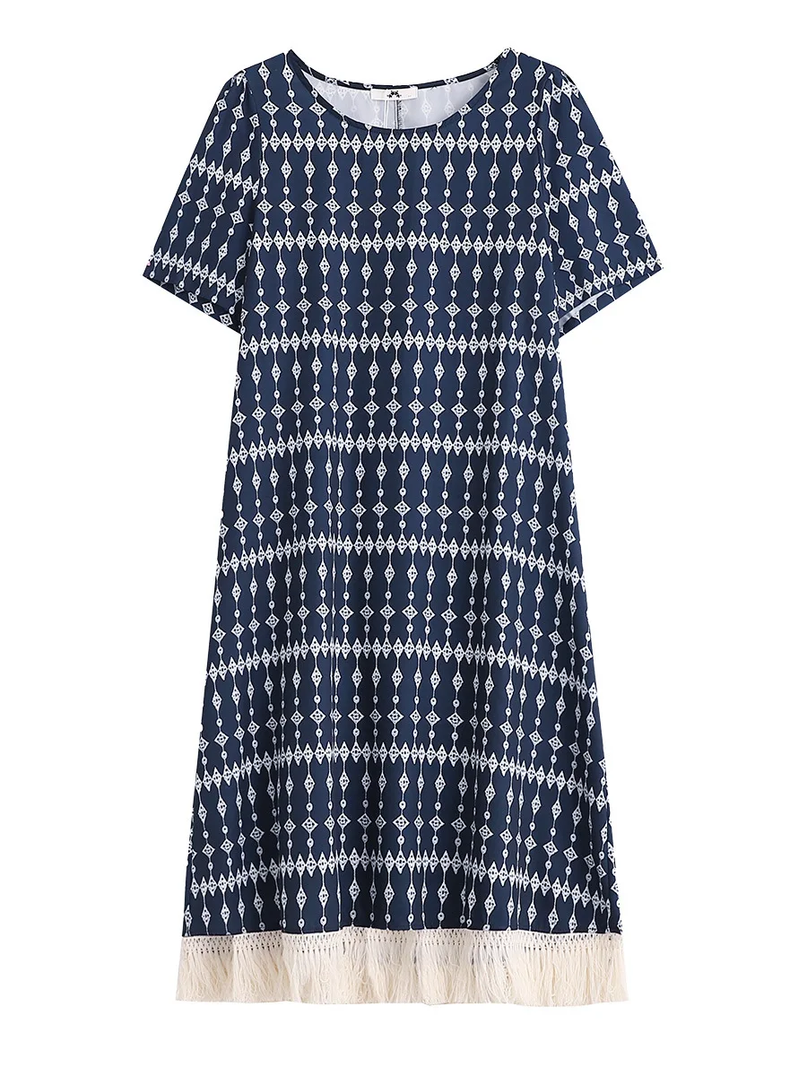 Gaun Motif Rumbai Leher-o Lengan Pendek Longgar Musim Panas 153 Dada Wanita Ukuran Besar 150Kg Biru 5XL 6XL 7XL 8XL 9XL