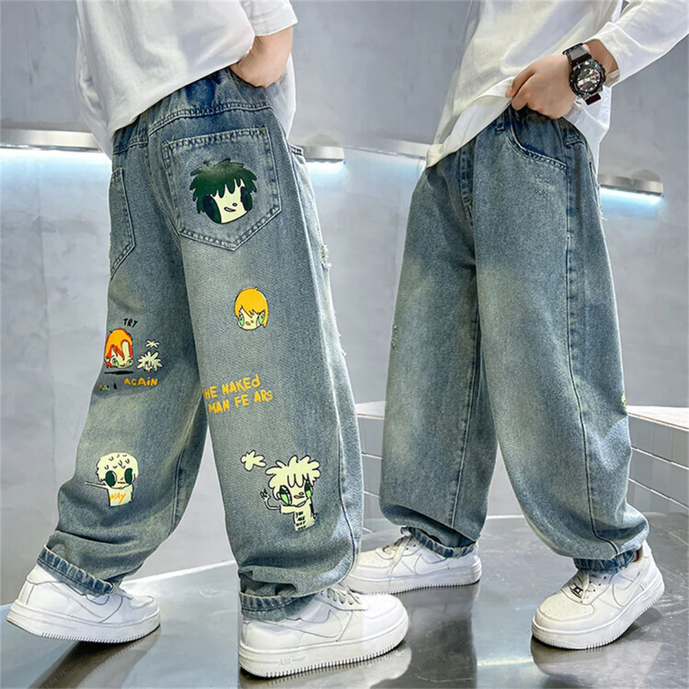 

8890 Cartoon Print Cowboy Boy Cargo Pants Boys Jeans Boy Pants Children's Students Kid Jeans Denim Straight Leg Pants