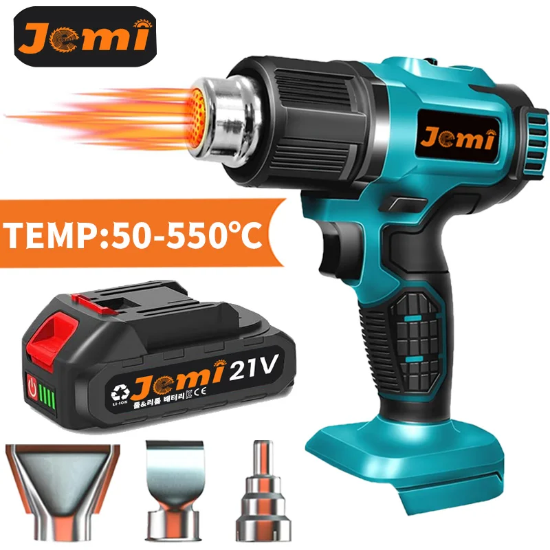 Jemi Tool Cordless Heat Gun, Portable, 3 Nozzles, 1022°F Max Adjustable Temperature for Crafts, Shrinking PVC, Paint Stripping