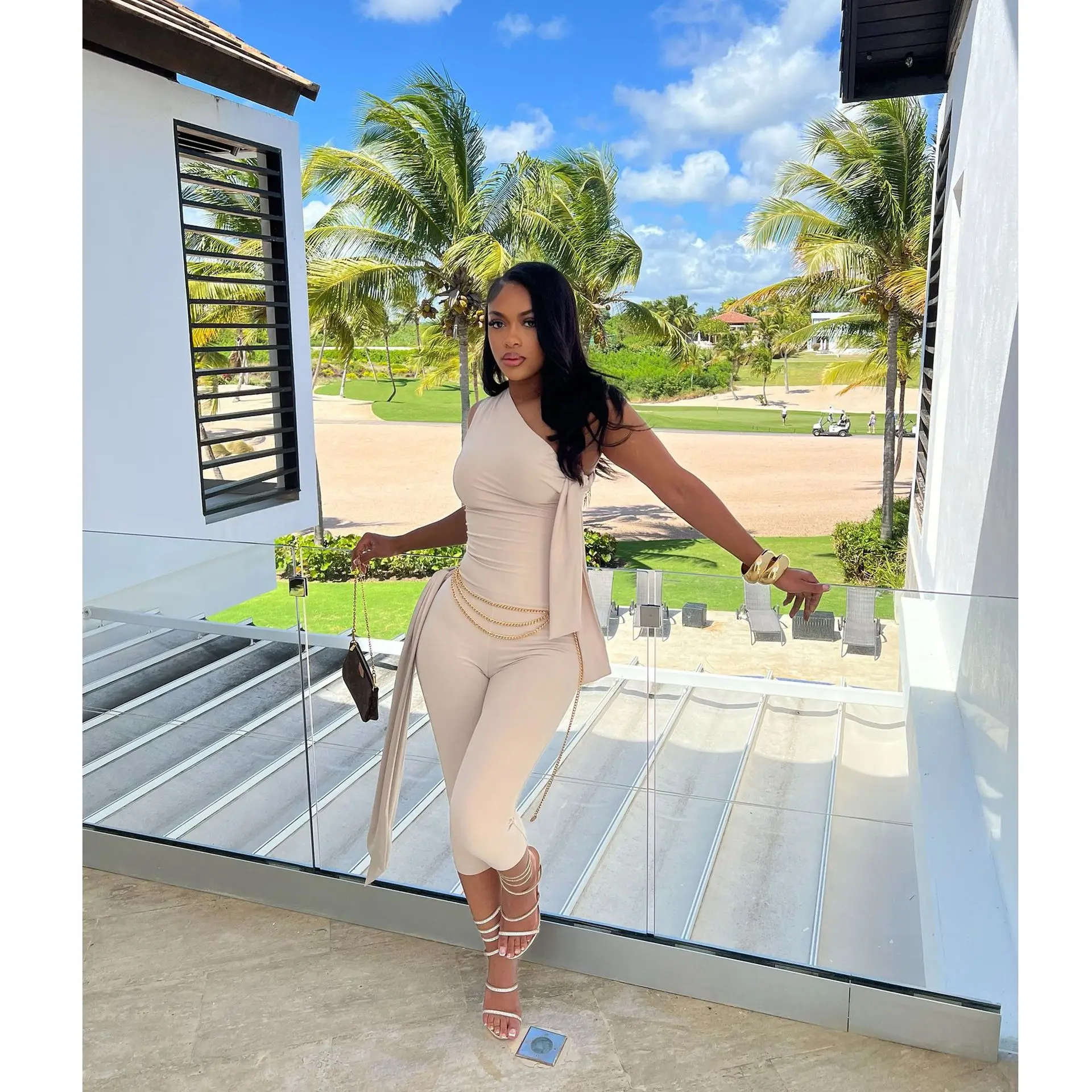 

Women Solid Lace Up Ribbon 2 Piece Set Fashion Sexy One Shoulder Sleeveless Tanks Crop Top + Skinny Knee Length Pants Tracksuits