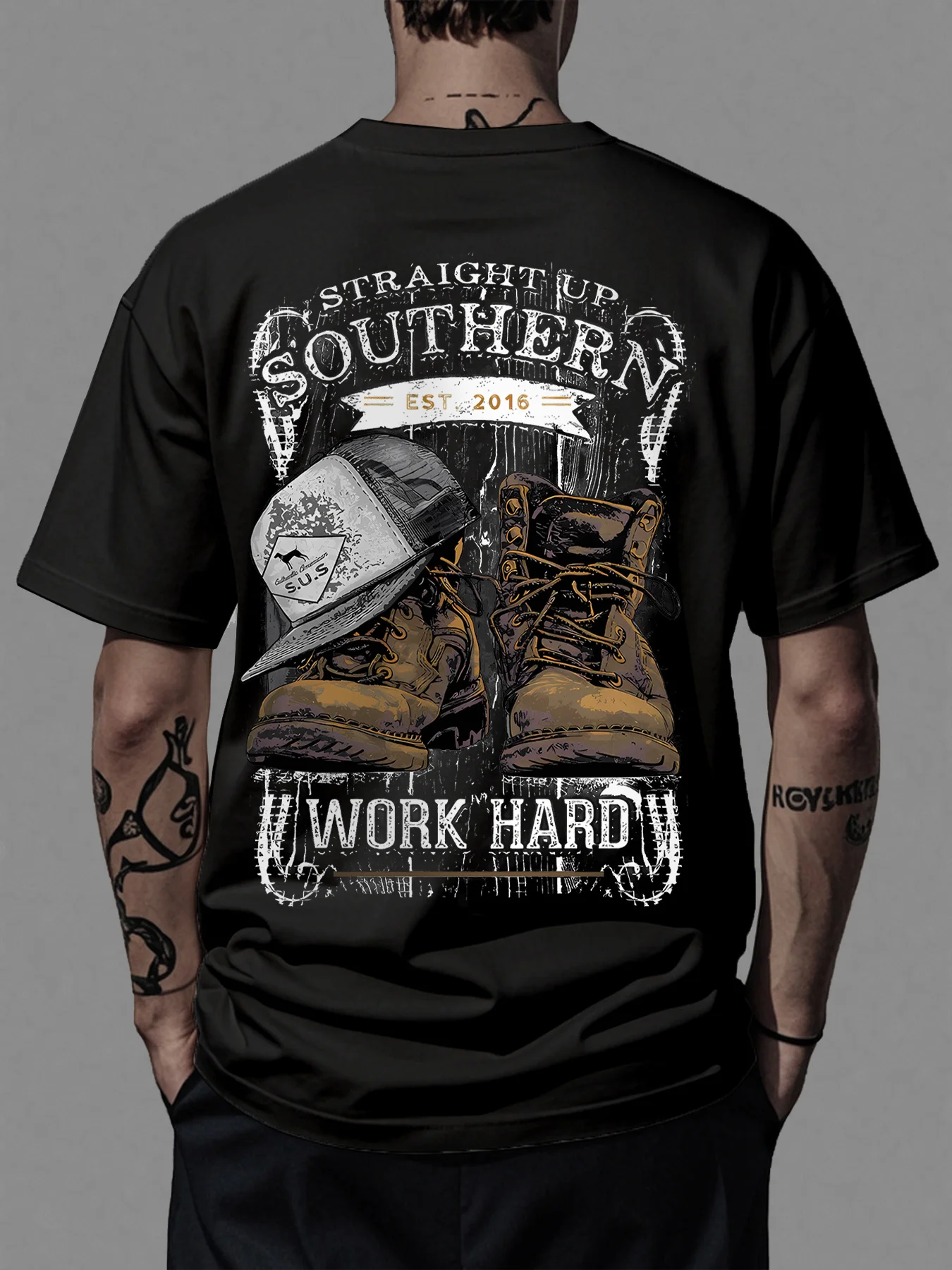 Men's 100% Cotton Vintage Work Boots & Hat Print T-Shirt - Relaxed Fit Short Sleeve Crew Neck Casual Tee, Durable for all-Season