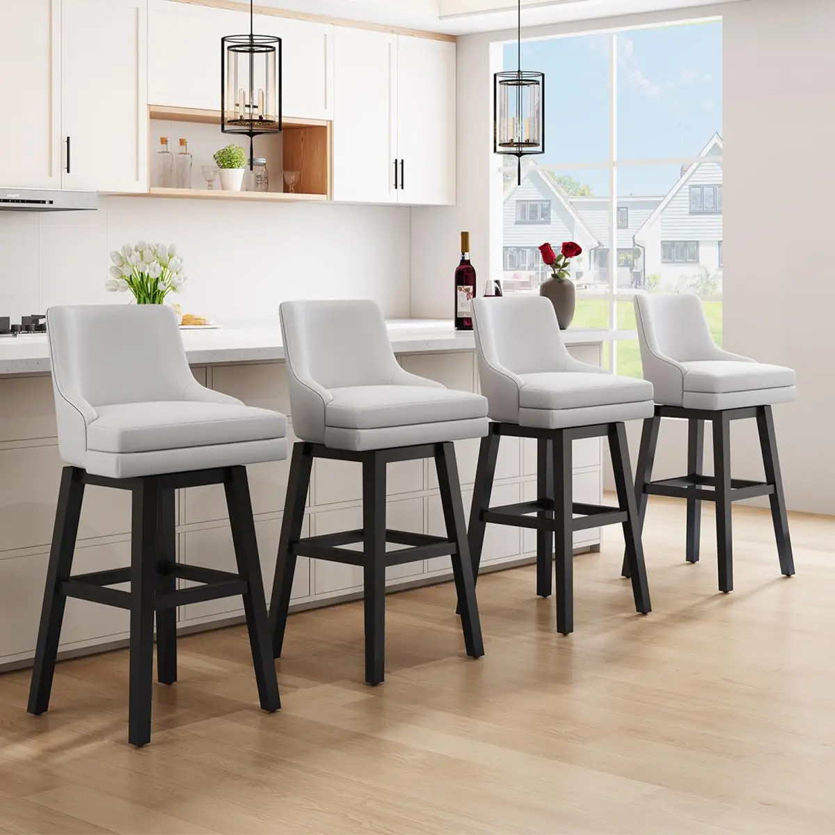 

26in Swivel Bar Stools Set 4, Removable Fabric Cushion & Solid Wood Legs, Backrest Kitchen Counter, White, Customized
