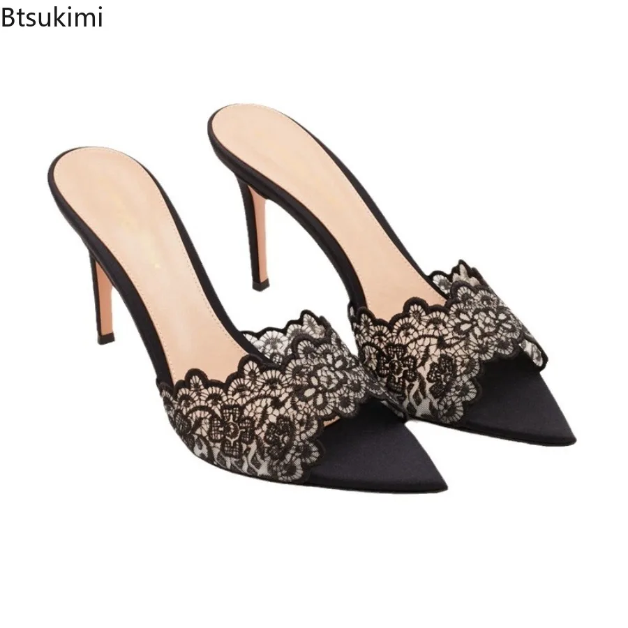 

New 2025 Summer Women's Champagne High-heeled Sandals Sexy and Comfortable Lace Embroidered Shoes Mules Banquet Shoes for Women