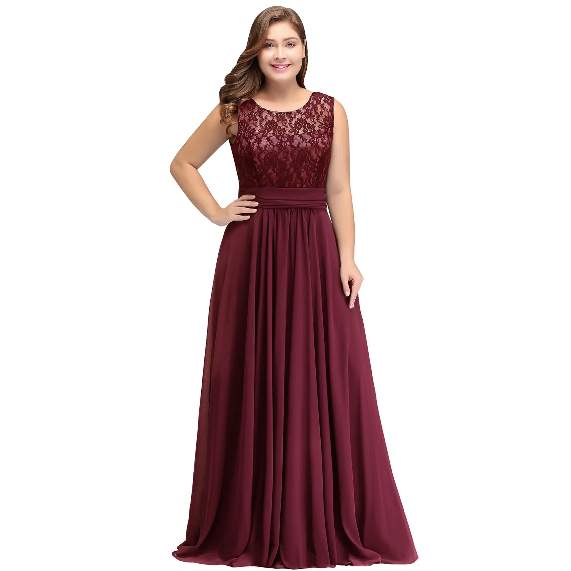 

Plus Size Women's Long Dresses Illusion Floral Lace O-Neck Sleeveless V-Backless Empire Dress Chiffon A-Line Maxi Prom Vestidos