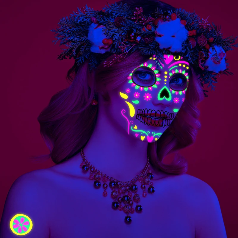 Neon Halloween Stickers Day of the Dead Fluorescent Print Temporary Tattoo Party Festival Face Waterproof False Tattoo Dress Up
