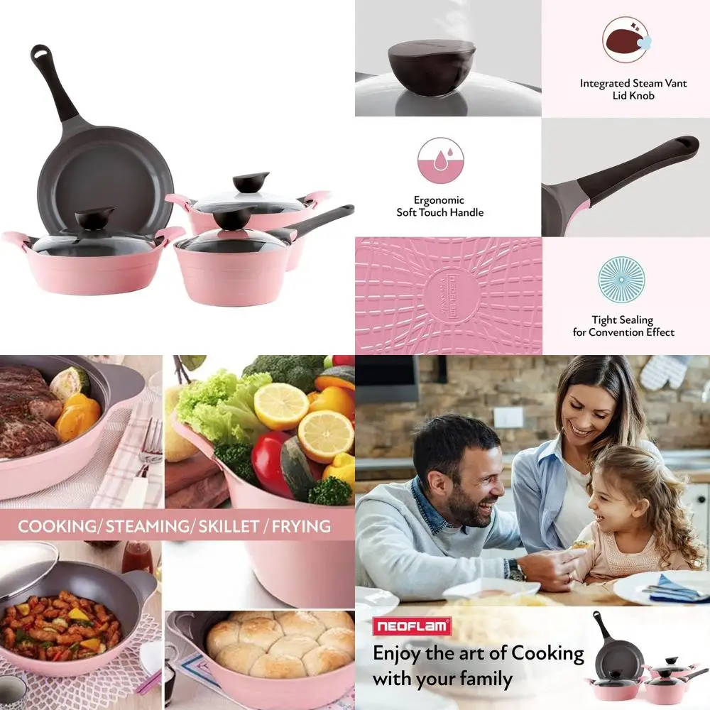 

7-Piece Pink Ceramic Coated Nonstick Cookware Set with Saucepan, Frying Pan, Casserole, Stockpot, Glass Lids, and Silicone Handl
