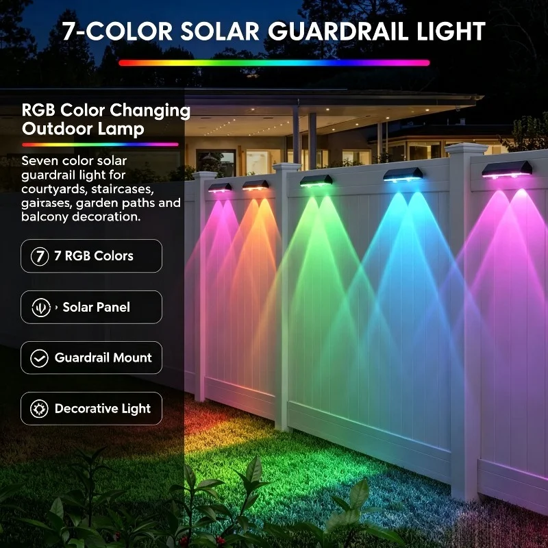 Solar RGB Guardrail Lights, Color Changing LED Wall Lamps for Outdoor Fence Garden Balcony Steps and Yard Decor Lighting