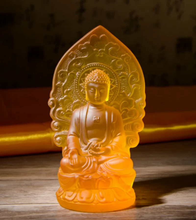 4.9" Chinese Yellow Resin Buddhism Sit Lotus Shakyamuni Amitabha Buddha Statue