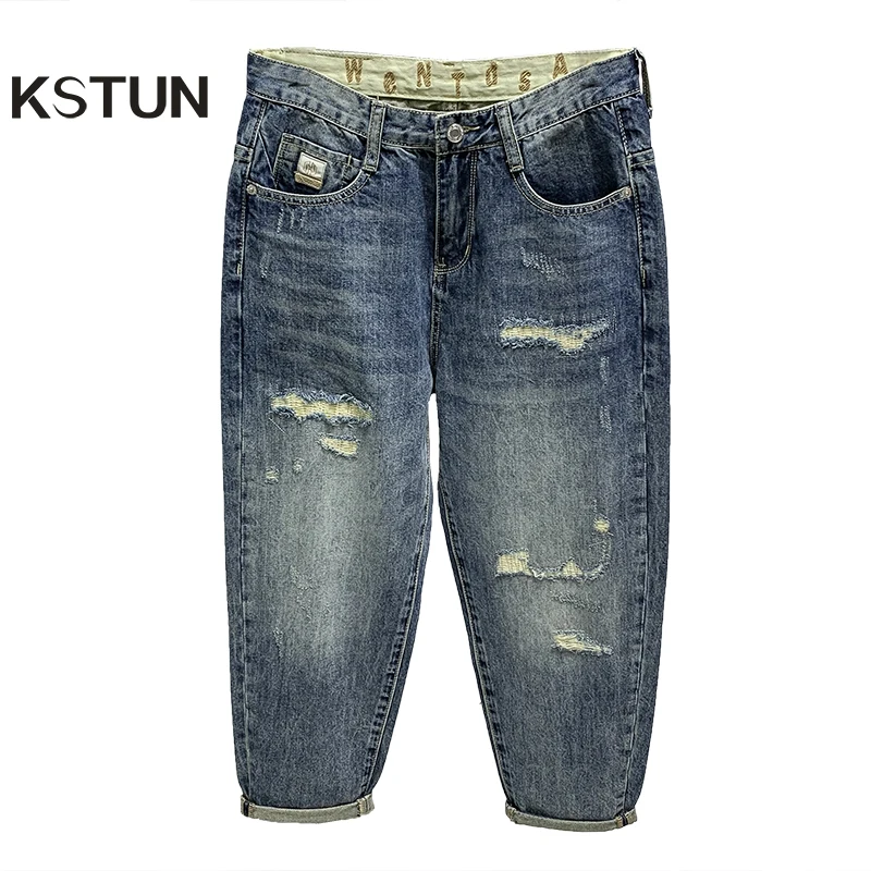 

Hip Hop Jeans Men Retro Blue 100% Cotton Capris Pants Loose Fit Casual Harem Pants Vintage Ankle Length Trousers Ripped Patched