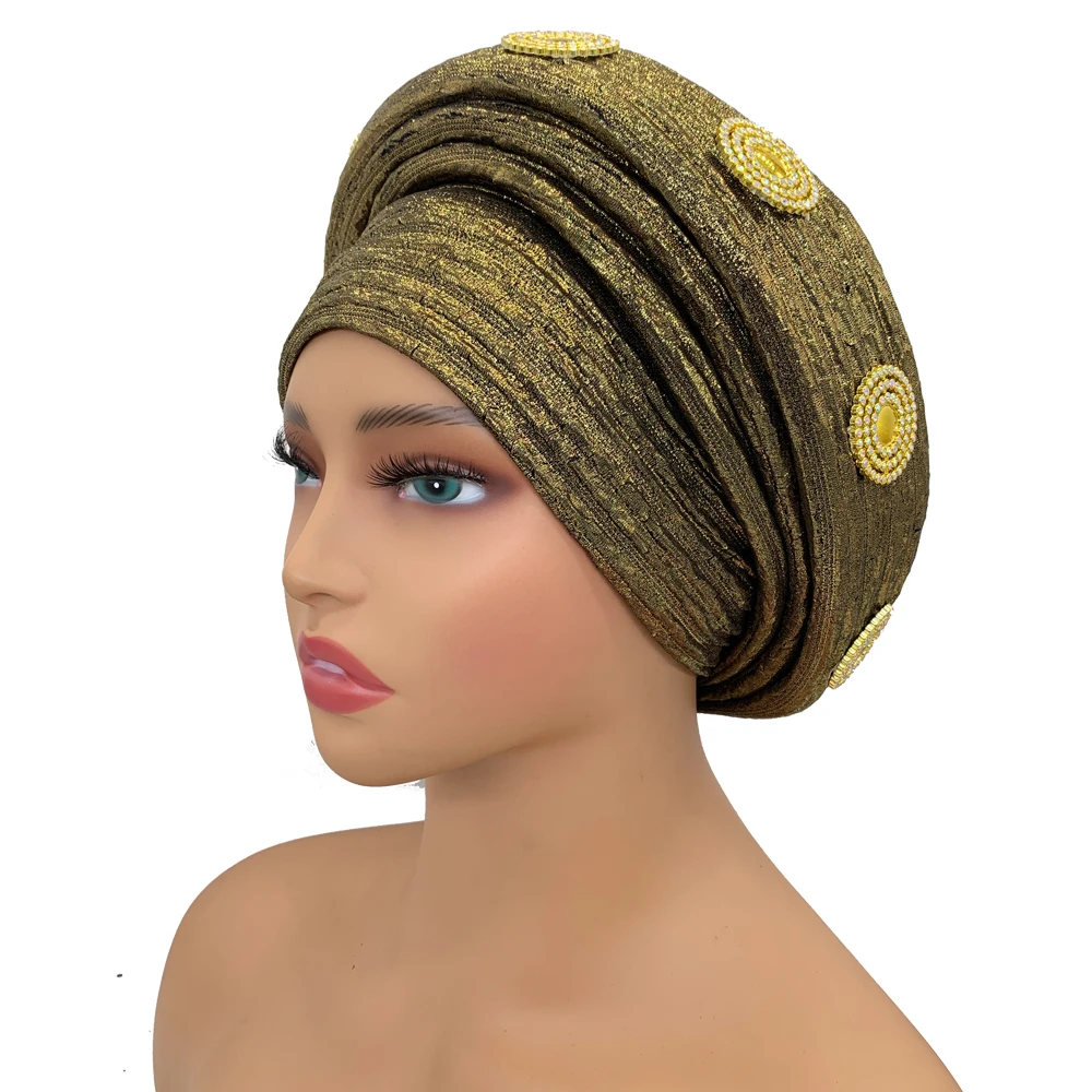 Already Made African Headtie Glitter Diamonds Women\'s Turban Cap Female Head Wraps Nigeria Wedding Auto Geles Party Headwear Hat