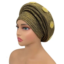 Already Made African Headtie Glitter Diamonds Women's Turban Cap Female Head Wraps Nigeria Wedding Auto Geles Party Headwear Hat