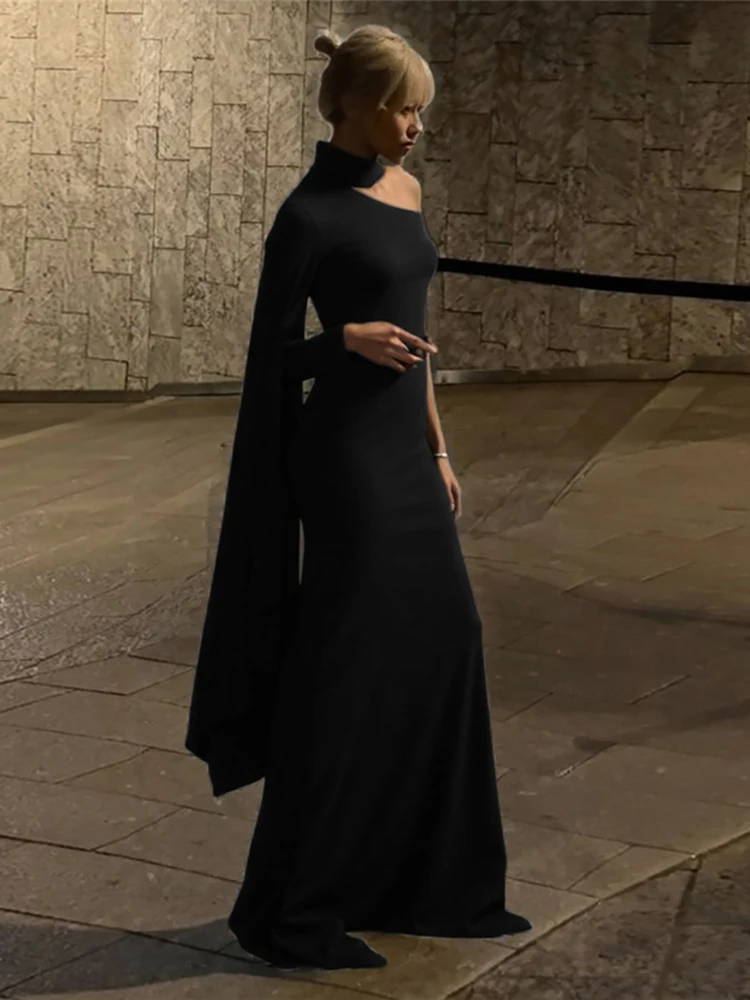 Strano gatto elegante colletto obliquo abito da donna manica monospalla nastro irregolare moda halter cocktail party sexy aderente aderente