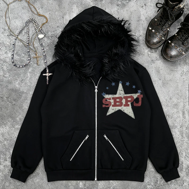 تيك توك الساخن الأمريكية عيد الفصح نمط الرجال شتاء جديد هوديي رسالة مطبوعة الفراء الرقبة الديكور الشرير القوطية Harajuku شارع العليا