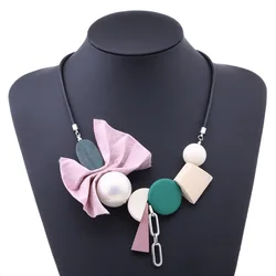 Fabric Bow Maxi Statement Necklace for Women Rope Chain Wood Beads Pearls Pendants Necklaces Vintage Handmade Fashion Jewelry