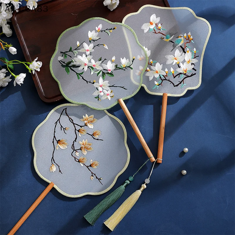 

China Fan Wholesale Semi-Transparent Long Handle Tassel Dance Fan Female Costume Hanfu Cheongsam Embroidery Small Round Fan