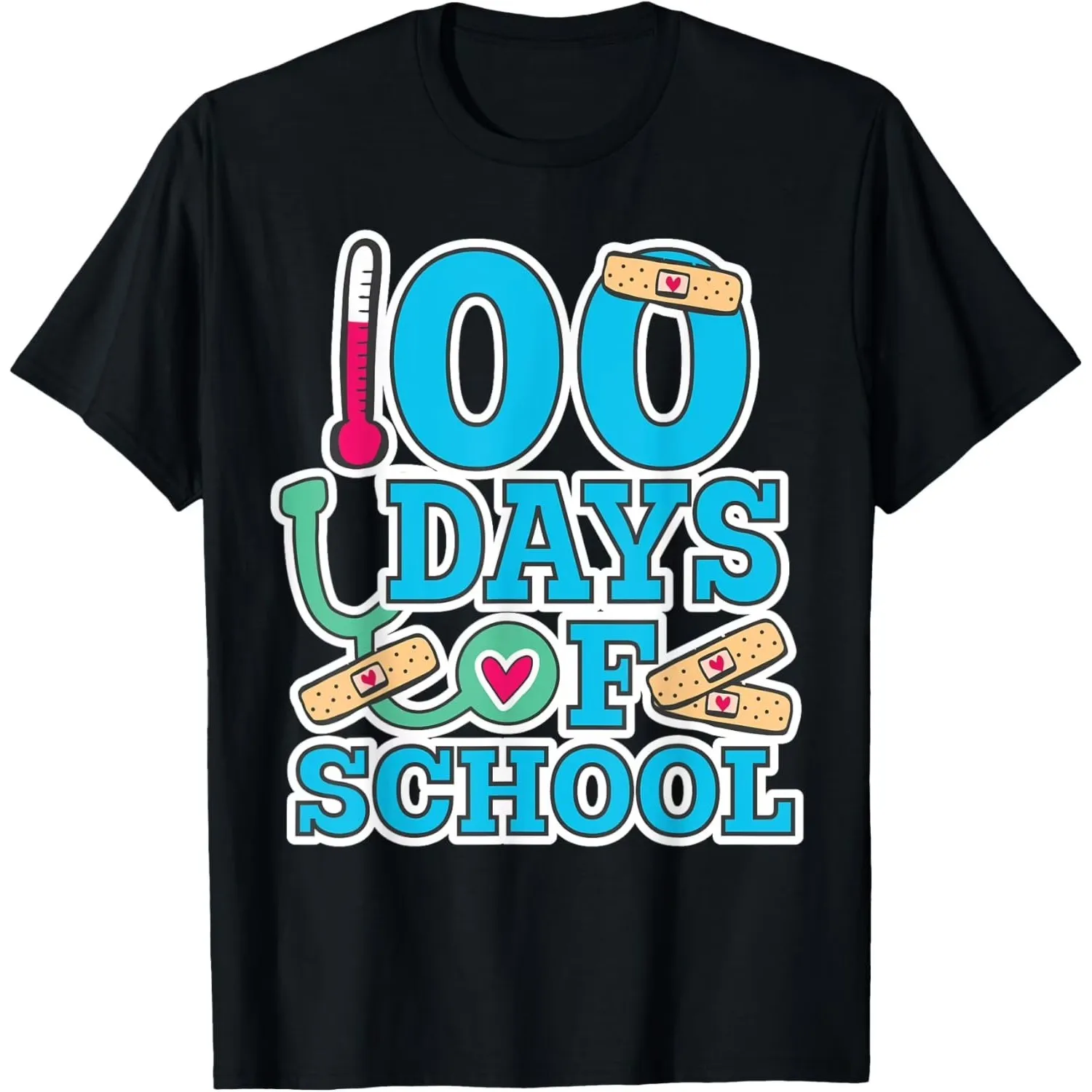 School Nurse 100 Days of School Graphic T-Shirt Medical Themed Tee for Men Casual Daily Wear