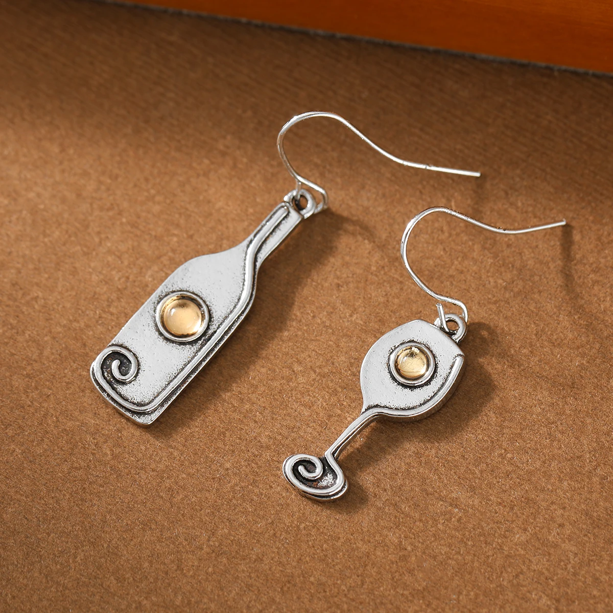 Creative Asymmetrical Wine Bottle, Wine Glass, Artificial Gemstone Inlay, Ladies' Earrings. Perfect for Party Music Festival.