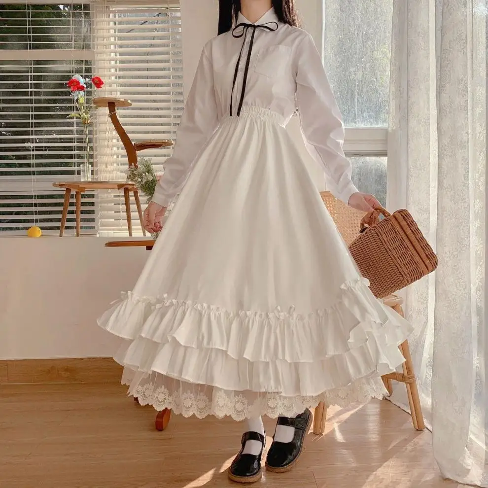 Koreanischer Stil, schwarz-weißer Halbrock, langer Rock für Damen, japanischer, einfarbiger, doppellagiger, Vintage-Rock im französischen Stil mit Rüschen, A-Linien-Schnitt. – Detail 4