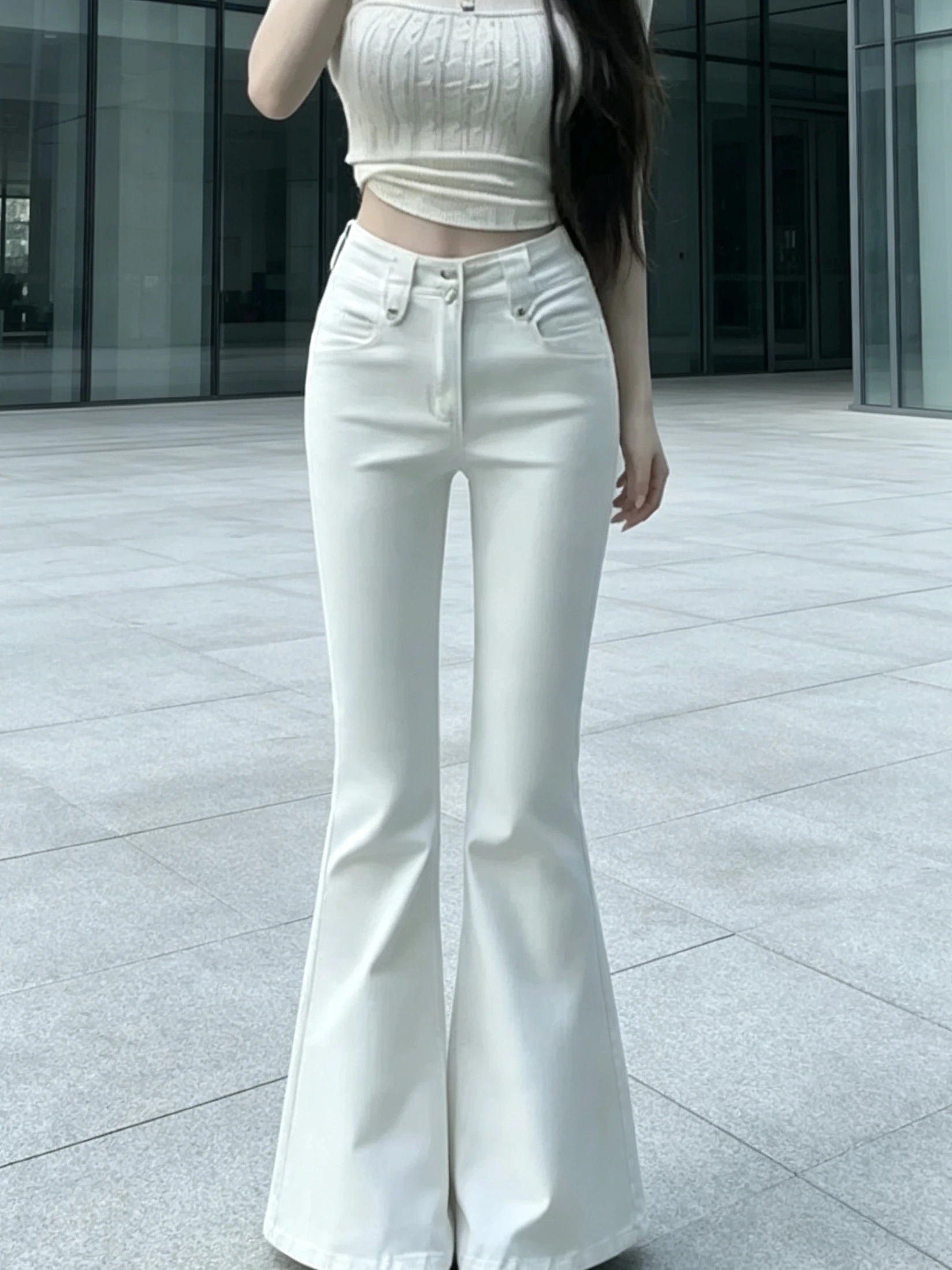 American Style High Waist Bell Bottom Denim Jeans Women's Fall New Style Slimming Stretchy Small Size Floor Length Pants