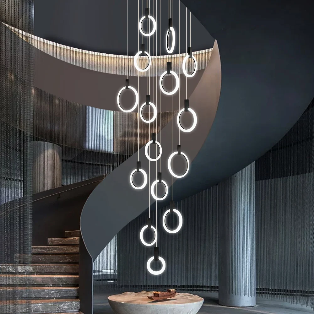 modern stairs teto chandelier iluminacao led interior anel acrilico home decor lampadas salao nordico luzes suspensas preto dourado 01