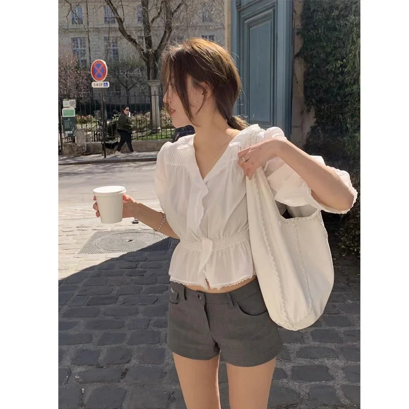 

Ele Dongda Gate 26 Summer Lace Trim V-ne Waist-cinched Long Sve Women's irt Faionable Loose Fit Breathable Skin-...