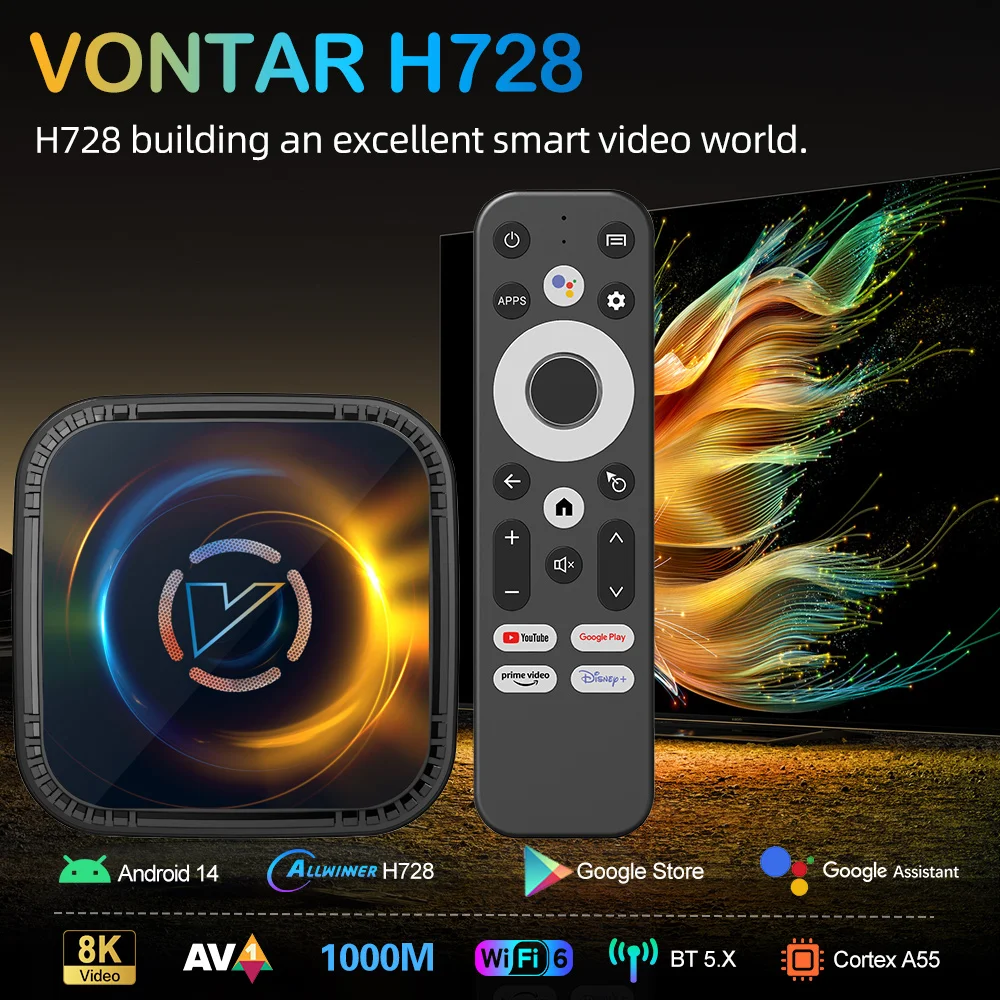 VONTAR Allwinner H728 Android 14 TV Box ثماني النواة مروحة تبريد تدعم AV1 8K فيديو 4K @ 60fps 1000M أندرويد 14.0 فك التشفير