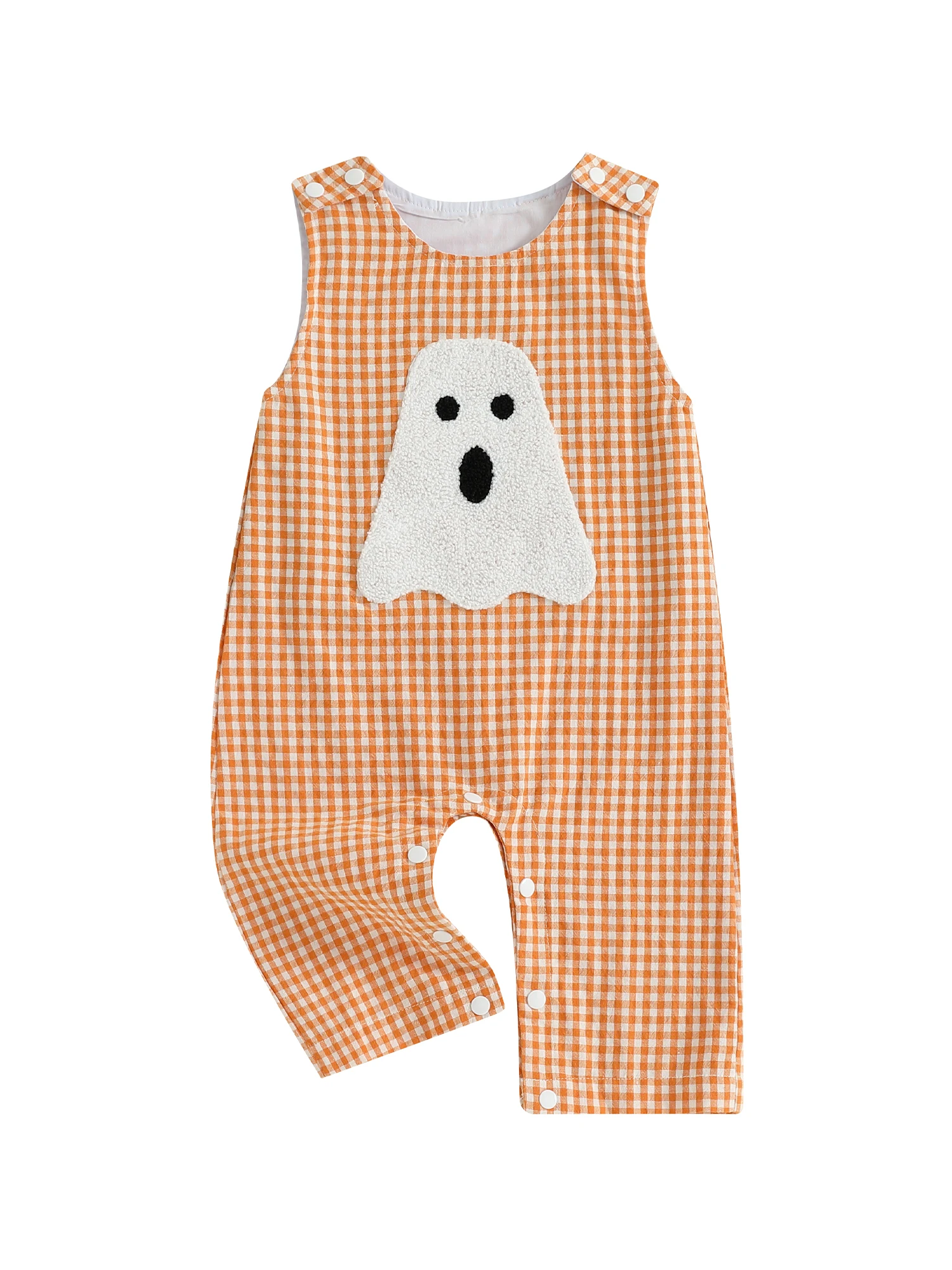 

Infant Halloween Costume Skeleton Spiderweb Applique Checkered Round Neck Sleeveless Bodysuit for Autumn