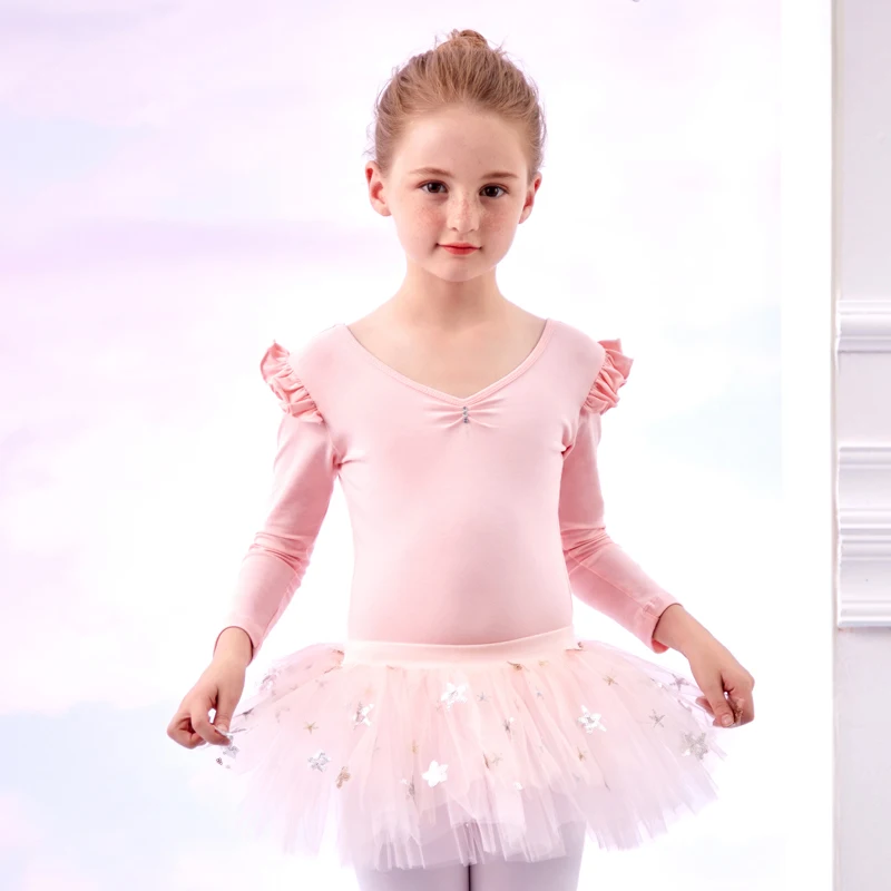 الأطفال ملابس رقص الفتيات أداء زي الخامس الرقبة طويلة الأكمام مطوي شبكة الباليه تنورة ربيع الخريف تنورة رقص جديدة #4