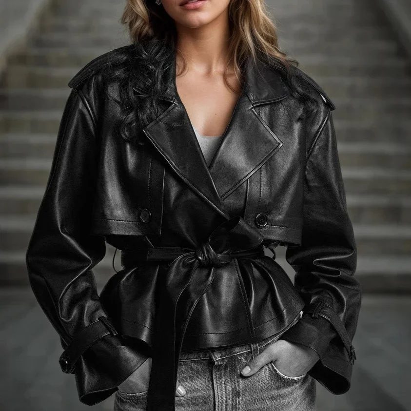 

Yaminiya 2025 Autumn Winter Street Trendy Women's Belt Waist Short Leather Jacket Fashionable Versatile New Black Jacket Coat