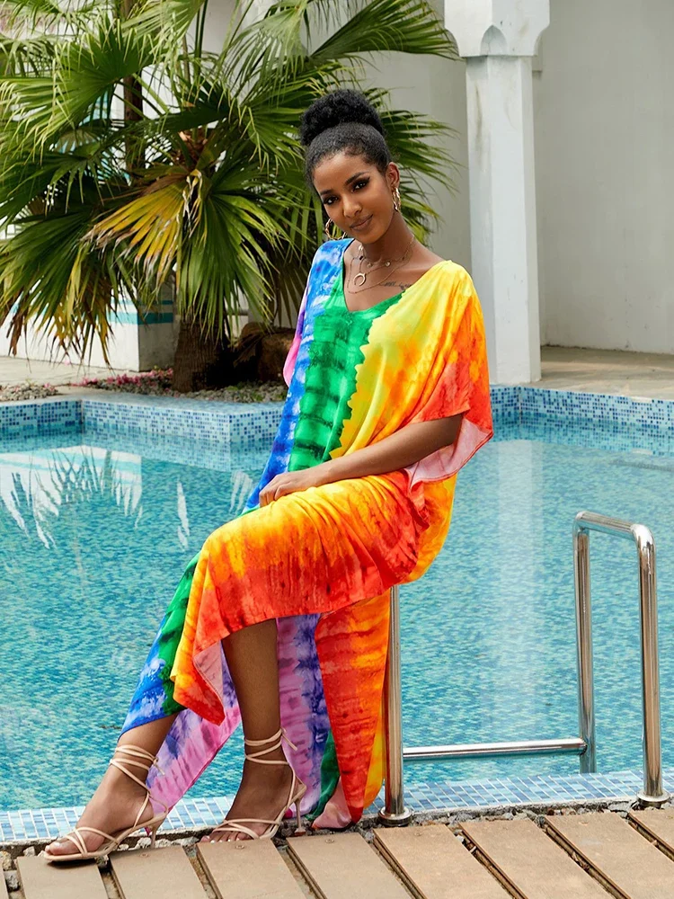 Vestido caftán para mujer, Túnica de rayón de talla grande, traje de baño con estampado colorido, túnica larga ligera para playa, 2024