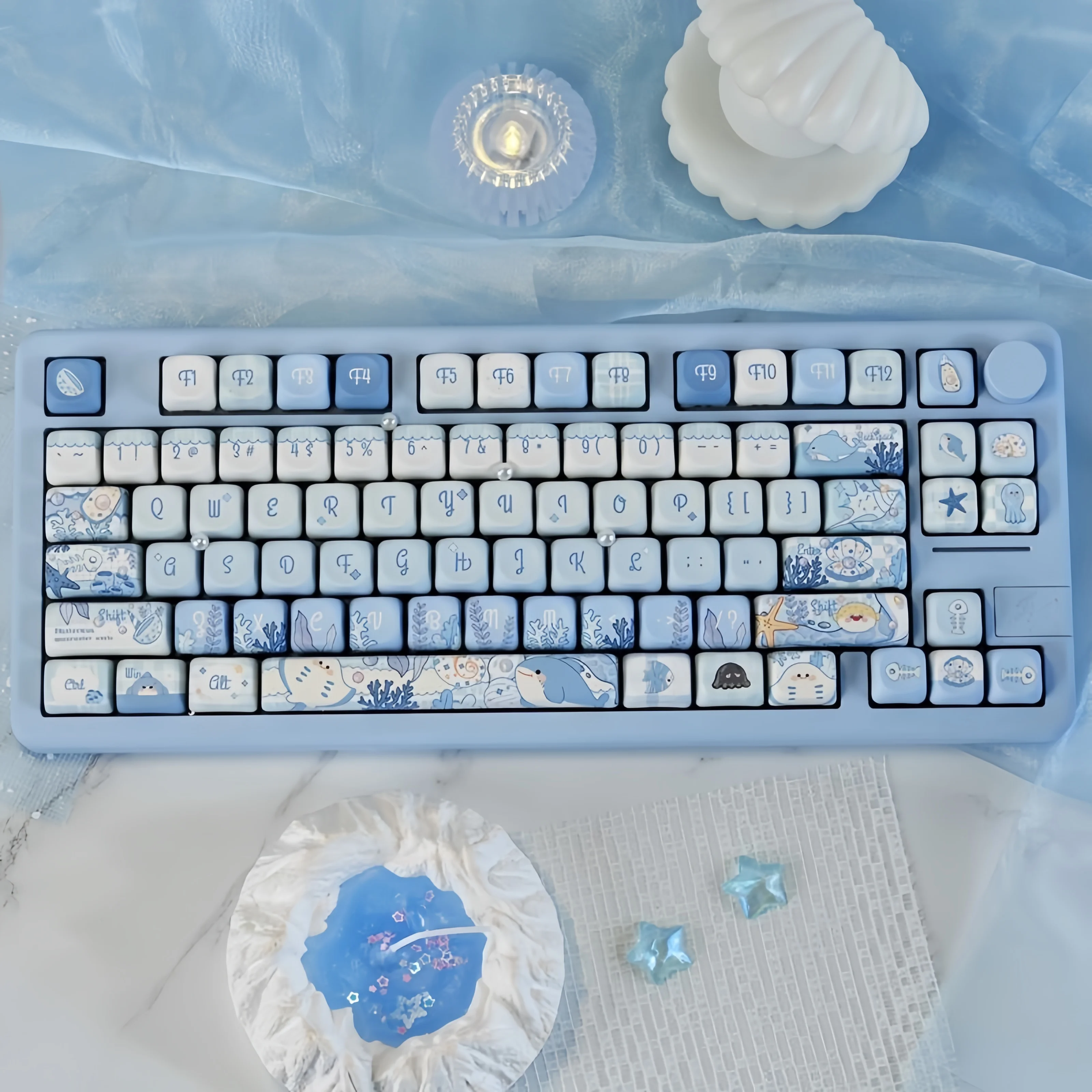130 Keys Blue Sea Themed MOA Profile PBT Keycaps Five Sided Dye Sublimation Keycaps for Cherry MX Switches Mechanical Keyboard