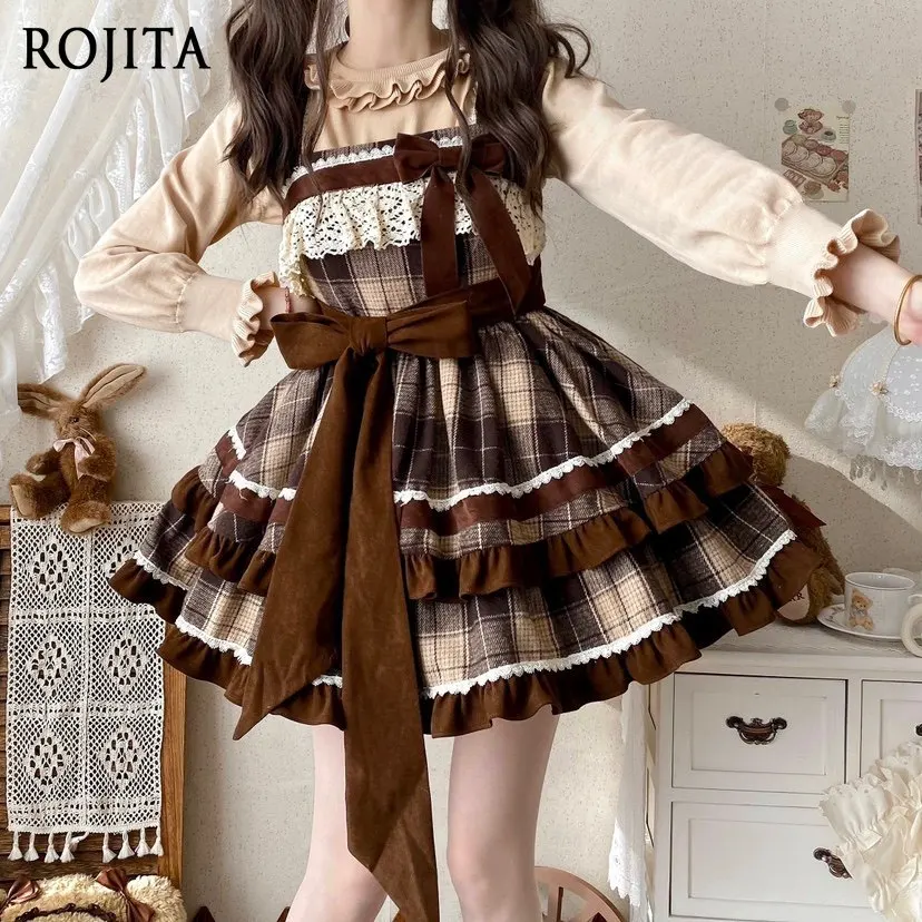

High Waist Ruffle Tiered Kawaii Outfit 2026 New Create Cute Plaid Lolita JSK Dress Autumn and Winter Lolita Daily Jsk
