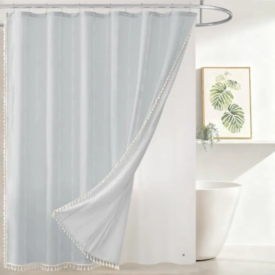 

Linen Texture 3 in 1 Farmhouse Shower Curtain Set with Tassel, Boho Fabric Shower Curtains for Bathroom, Grey, 72W x 96L