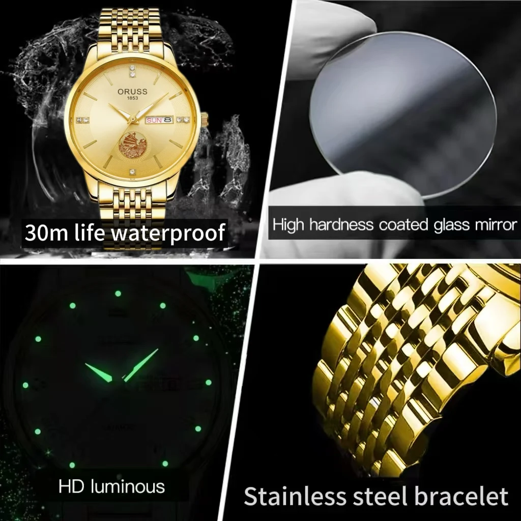 ORUSS оригинальные мужские часы из нержавеющей стали с двойным календарем, водонепроницаемые светящиеся роскошные золотые часы, модные кварцевые мужские наручные часы, новый бренд