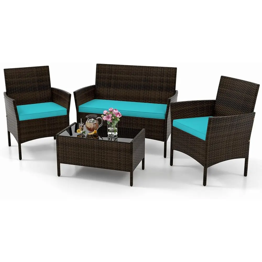 

Turquoise Outdoor Patio Furniture Set: Loveseat, Wicker Chairs, Tempered Glass Coffee Table