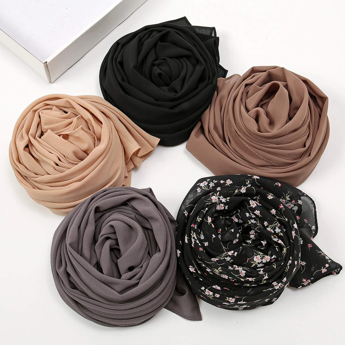 5PCS/Box Pupre Print Bubble Chiffon Hijab Scarf Women Solid Color Muslim Shawls Hijabs Headband Islamic Headscarf Foulard Femme