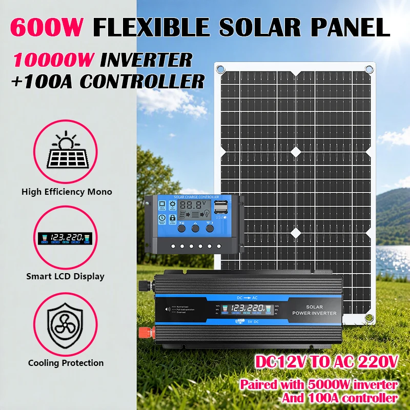 600W flexible solar panel kit, including 10000W inverter+100A controller, DC 12V to AC 220V off grid solar power system